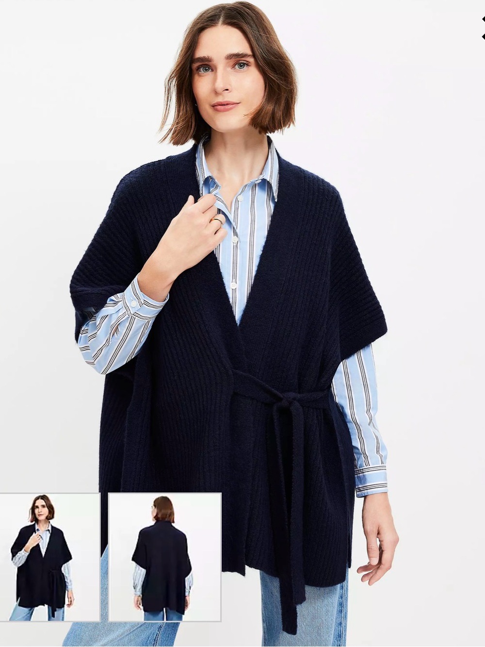 LOFT Navy Ribbed Open-Front Belted Poncho Sweater